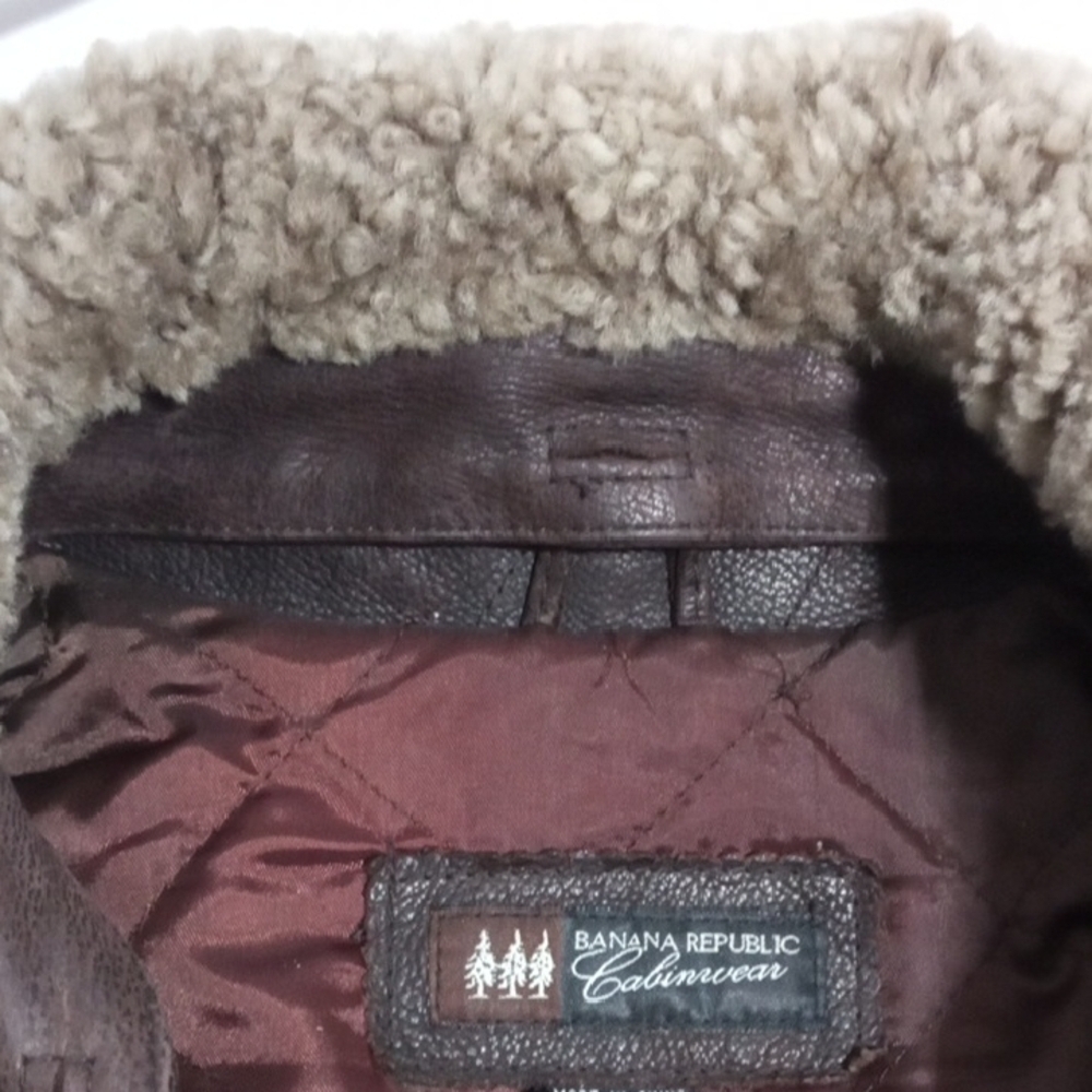 Banana Republic Brown Leather Rancher Zip Detachable Shearling Collar Jacket Med - Picture 12 of 15